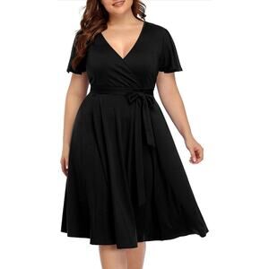 Pinup Fashion Faux Wrap Dress Black Dress Flutter Sleeves Size 18W